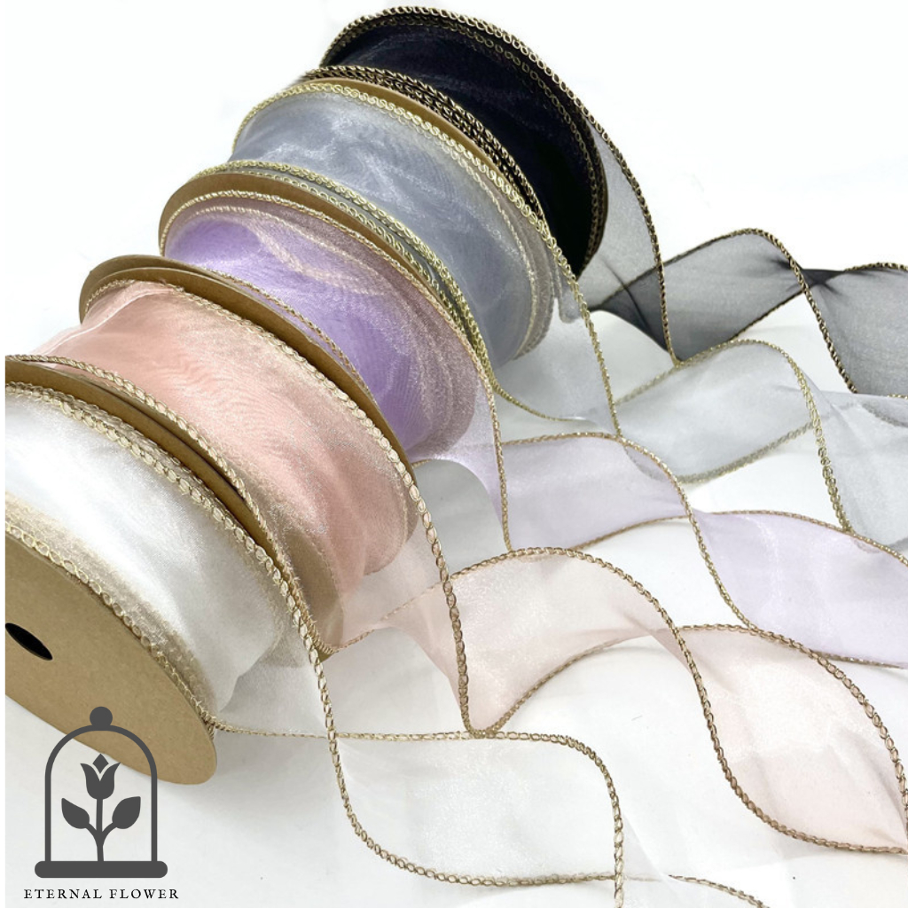 

(1ROLL) Pita Ribbon GOLD EDGE/ Pinggir Emas / Korea/pita organza