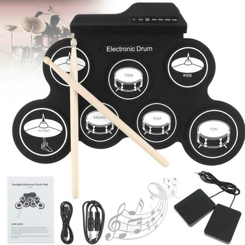Elektronik Portabel Digital USB 7 Bantalan Roll up Drum Set Silicone Electric Drum Pad Kit