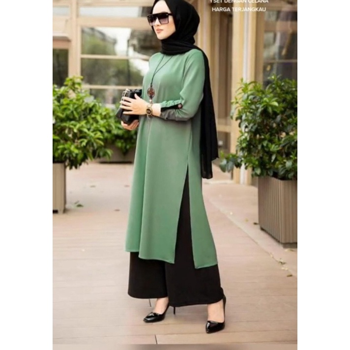 Diskon MEGA SET LONG TUNIK CRINKLE AIRFLOW LD 110-115 // ONE SET YAMAN CELANA // SETELAN POLOS TUNIK