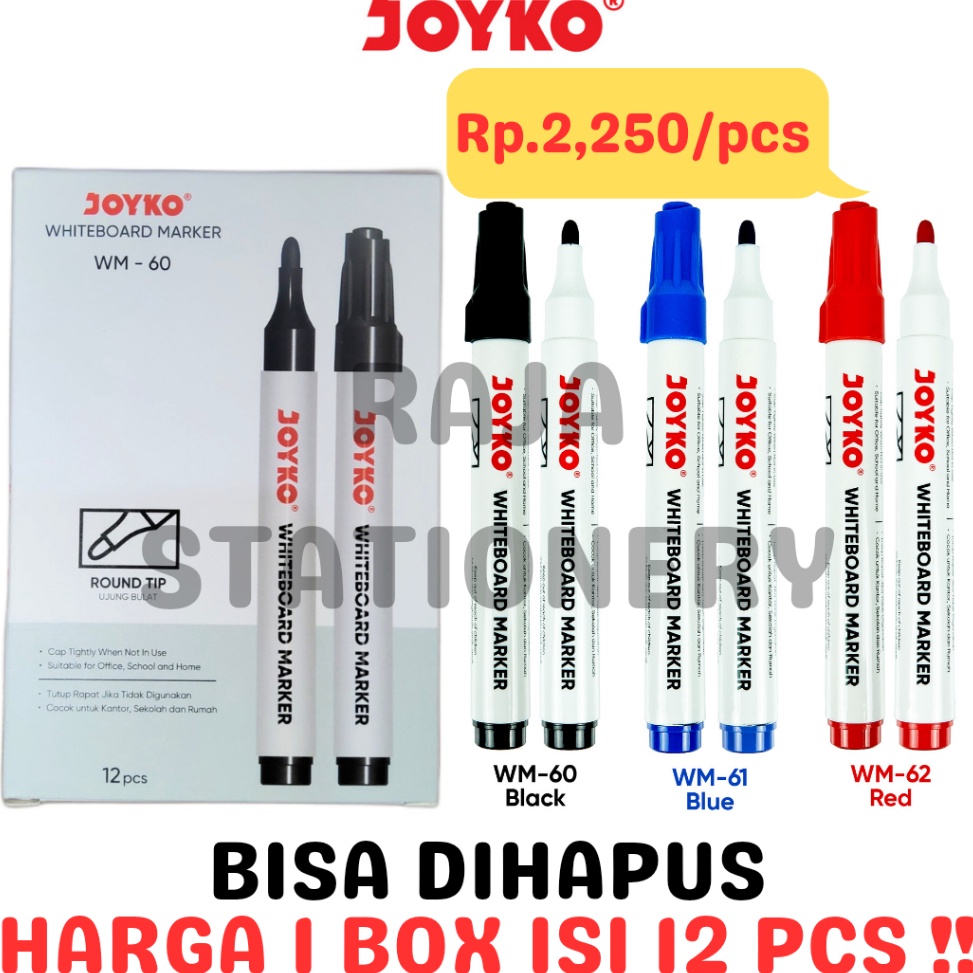 

JOYKO WHITEBOARD MARKER BLACK BLUE RED SPIDOL PAPAN TULIS JOYKO HITAM BIRU MERAH [12PCS] Terupdate