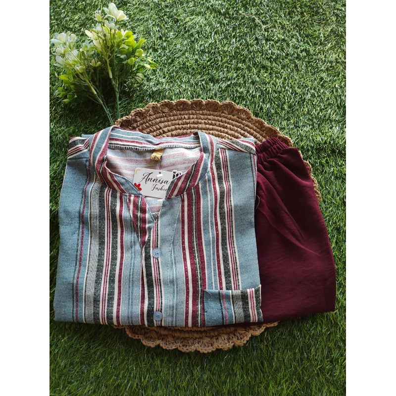 One Set Wanita Botega Cringkel Import Motif Salur Terbaru Annisa Fashion jumbo