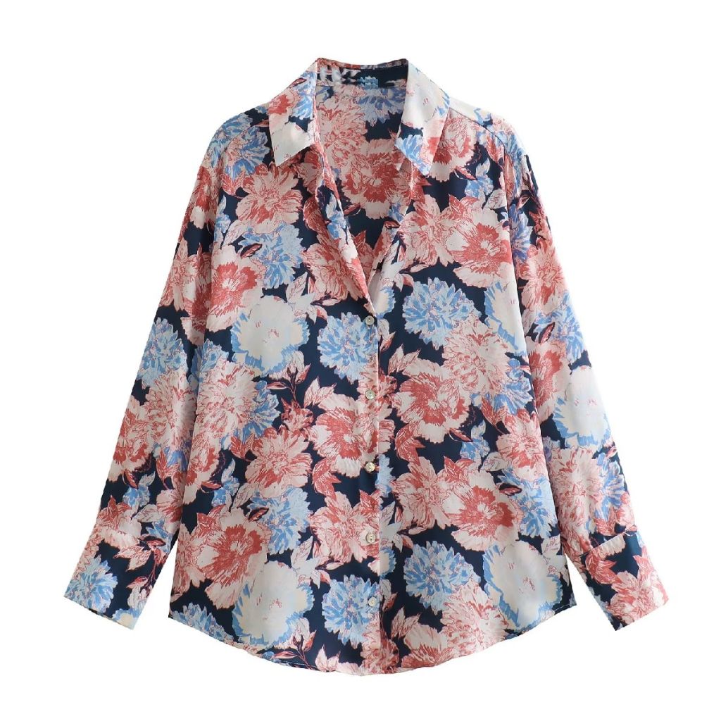 Kemeja Wanita Motif Bunga Lengan Panjang Pink Blooming Flower Korean Pattern Shirt