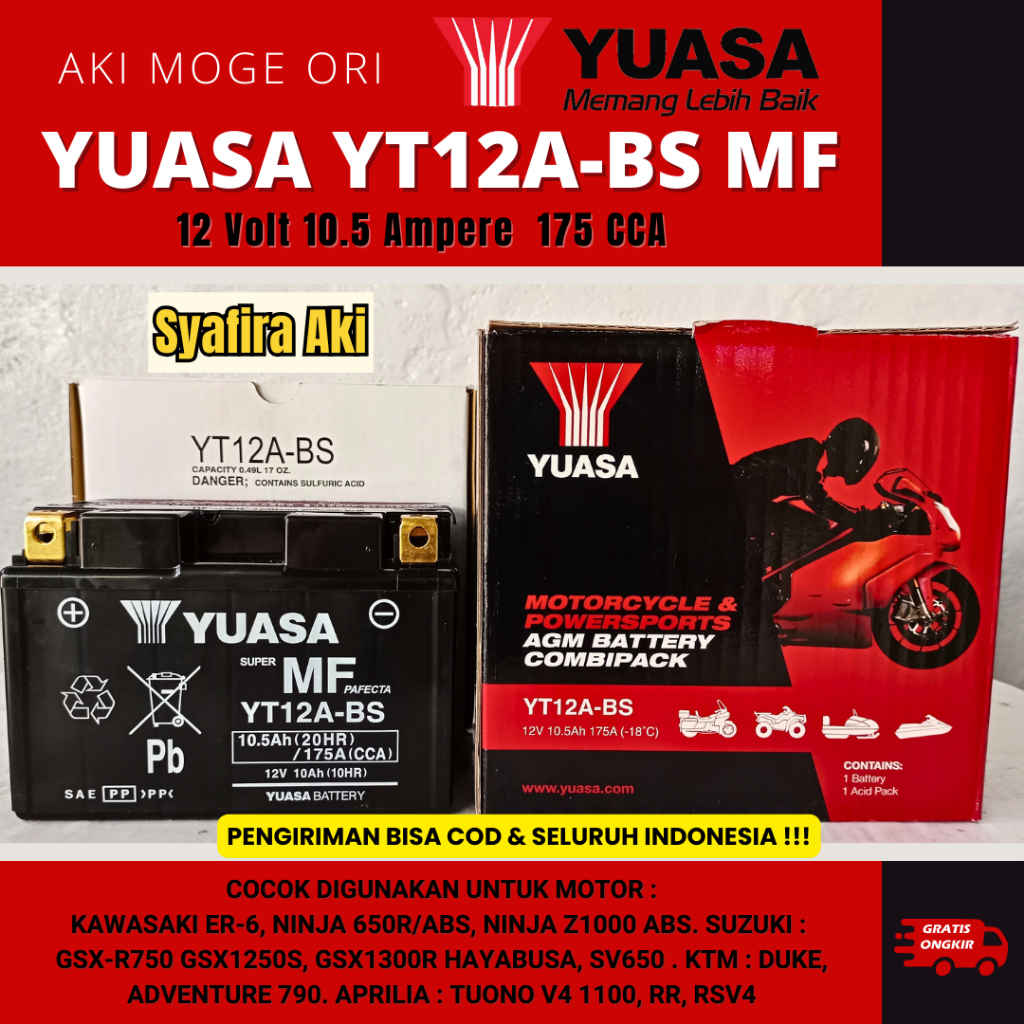 AKI MOTOR NINJA Z1000, NINJA 650 ABS, GSX1250R, SV650 YT12A-BS YUASA ORIGINAL YT12A BS