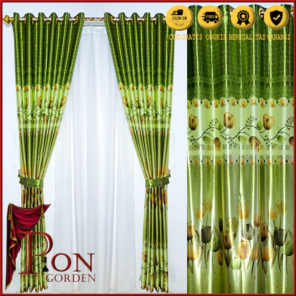 Gorden jendela pintu black out ruang tamu modern mewah motif bunga tulif hijau cantik minimalis terb