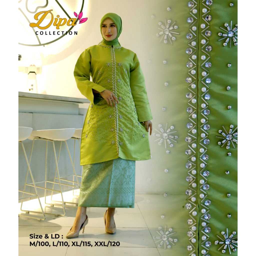 Stelan dan Atasan Kebaya Tunik Melayu Warna Hijau Kebaya Kondangan Baju Pesta Melayu Kebaya Malaysia