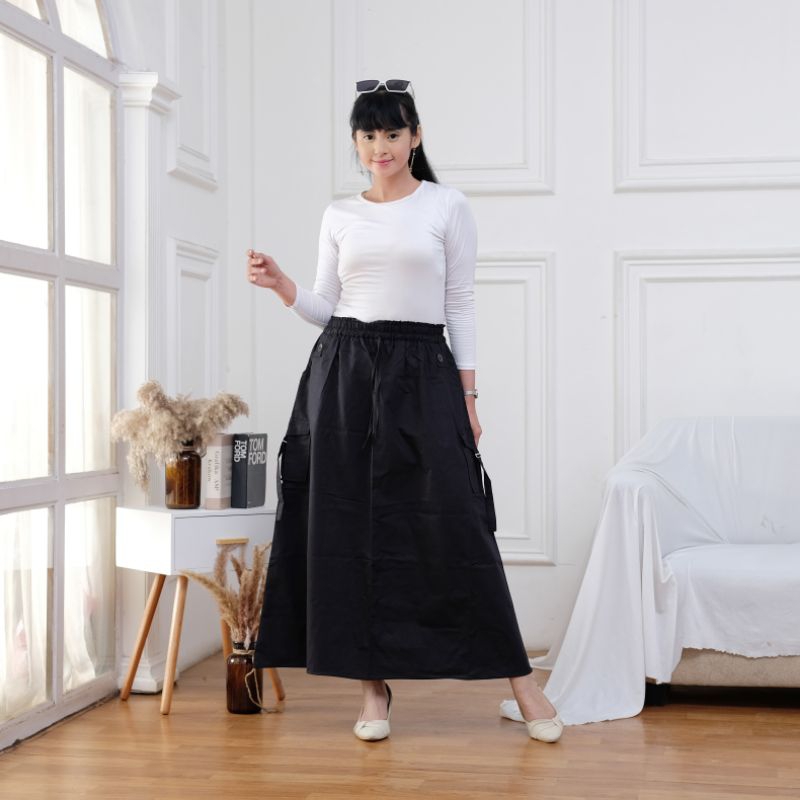 ROK CARGO WANITA PANJANG KANTONG TEMPEL ROK JUMBO CARGO TALI TIMANG