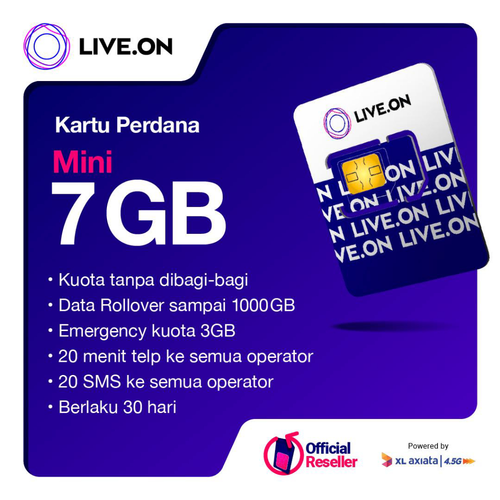 KARTU PERDANA LIVE ON MINI 7 GB BY XL AXIATA KUOTA INTERNET JARINGAN 4.5G PILIH NOMOR MU SENDIRI LIV