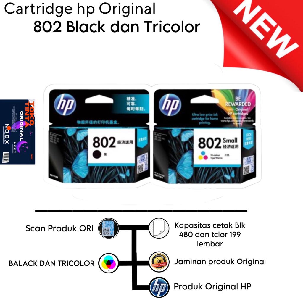 SET Cartridge HP 802 Black Color Tinta Printer Deskjet 2050 3050 1010