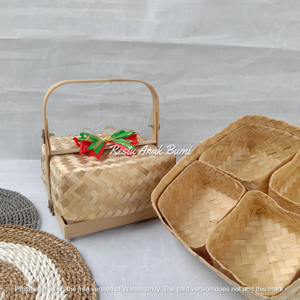 Besek Tenteng Natural Sekat Susun 1 20cm 25cm Pita | box keranjang bambu box hantaran | tempat wajik