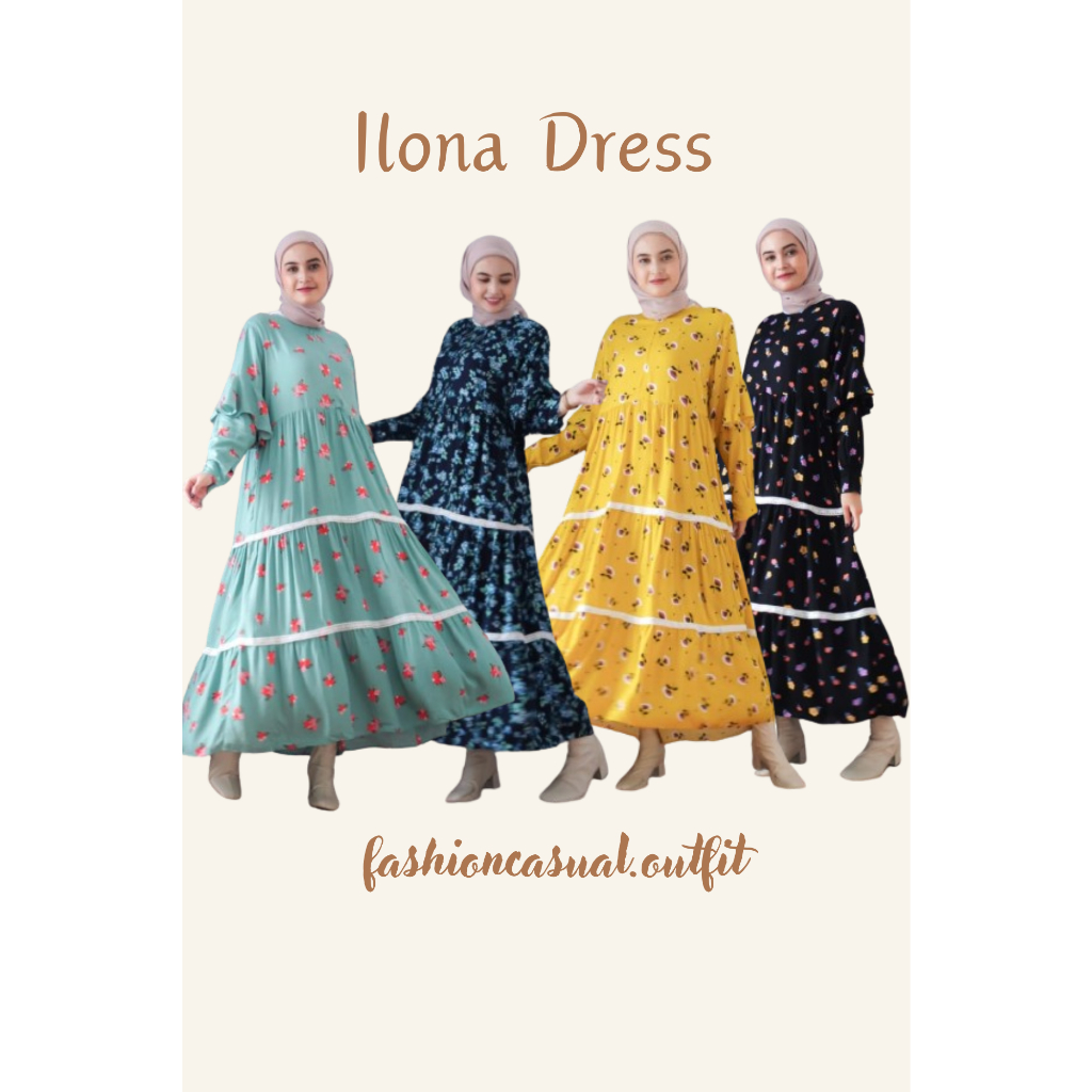 Ilona Dress Rayon Motif Bunga Dress Gamis Wanita Muslim