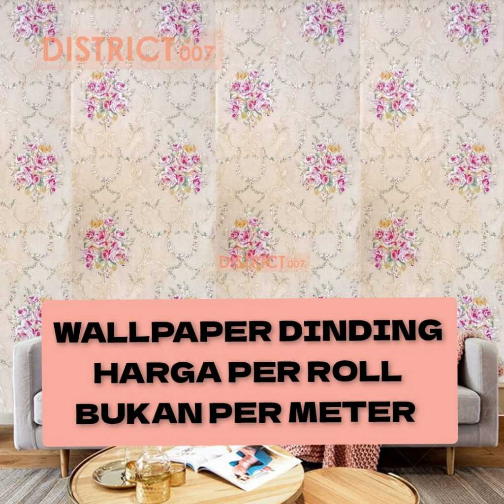 Wallpaper Stiker Dinding CREAM MAWAR PINK Elegan Mewah Dekorasi Tembok Rumah Kamar Ruang Tamu