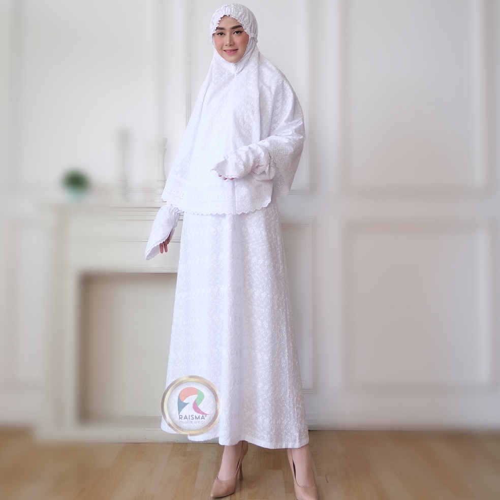 Murah Meriah.. Gamis Putih Ihram et Dengan Bergo Dan Tangan Warna Putih Bahan Katun Jepang Motif Bor