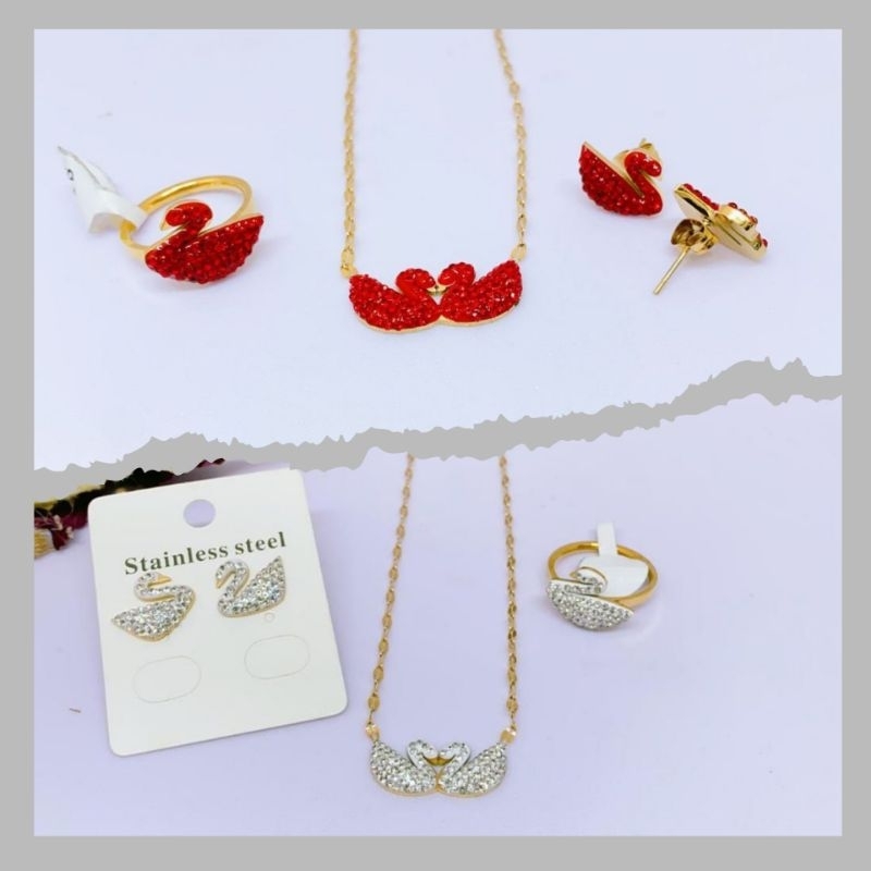 [TITANIUM] Set Perhiasan Mewah Angsa Merah/Putih Permata  Perhiasan
