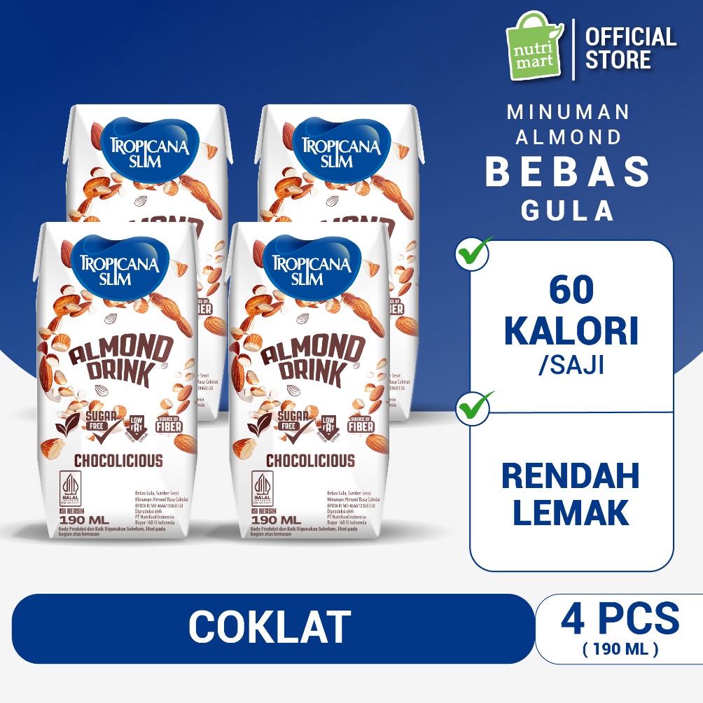 

D!skon Tropicana Slim Almond Drink Chocolicious 190ml (4 pcs) - Minuman Almond Cokelat Bebas Gula Ready to Drink [186]