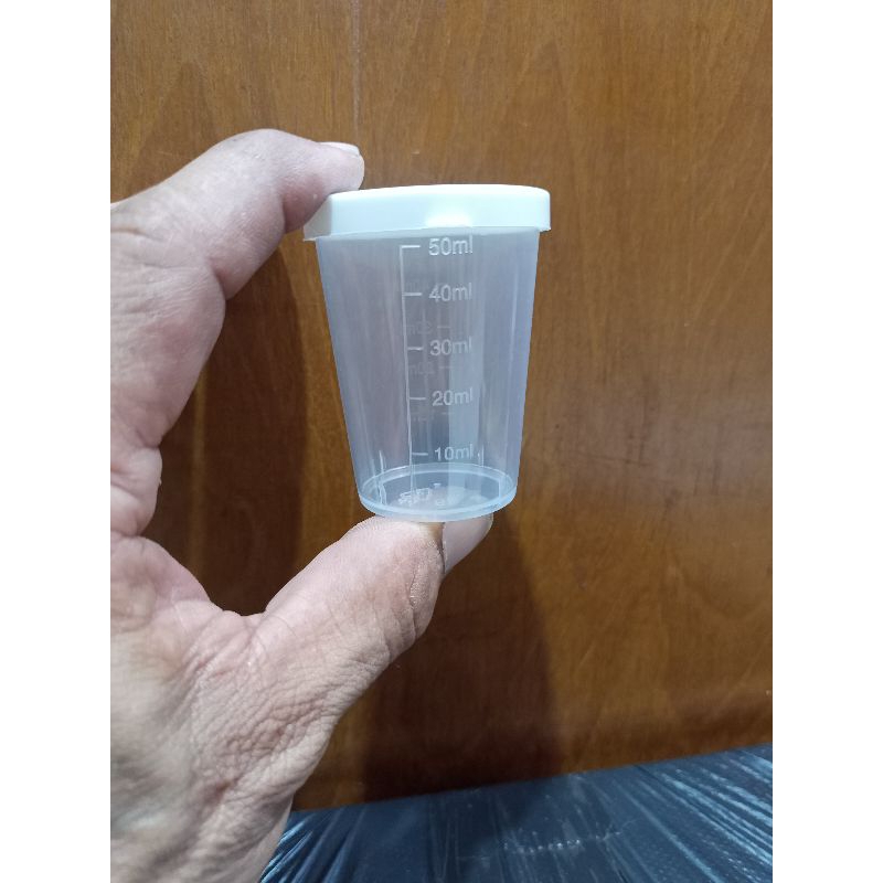 Gelas Takar plastik Bening 50ml dengan penutup atau Gelas Ukur 50 ml