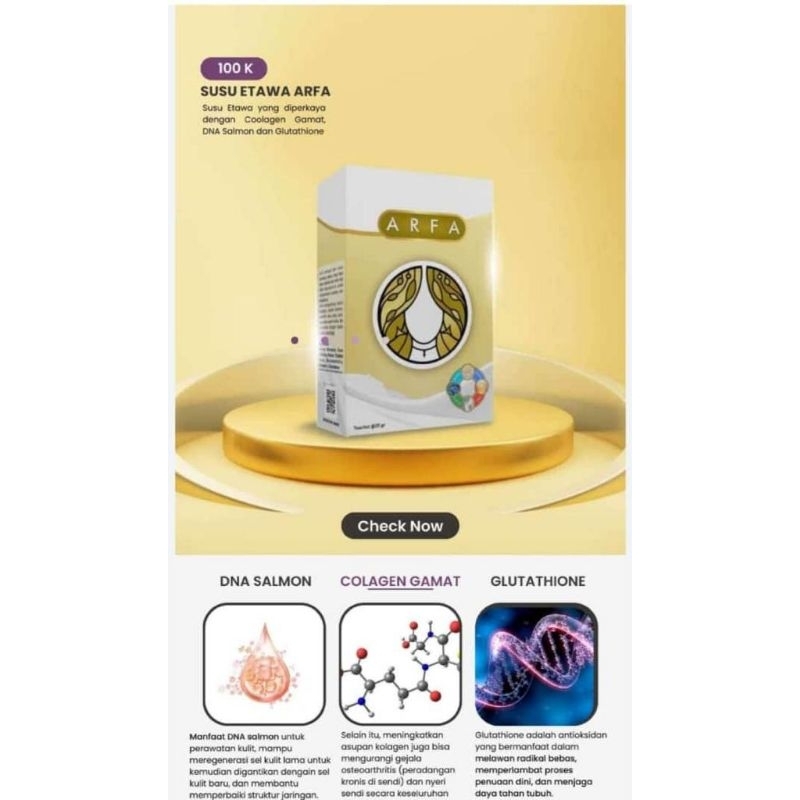 

SUSU KAMBING ETAWA PLUS COLLAGEN L-GLUTHATIONE DAN DNA SALMON ARFA