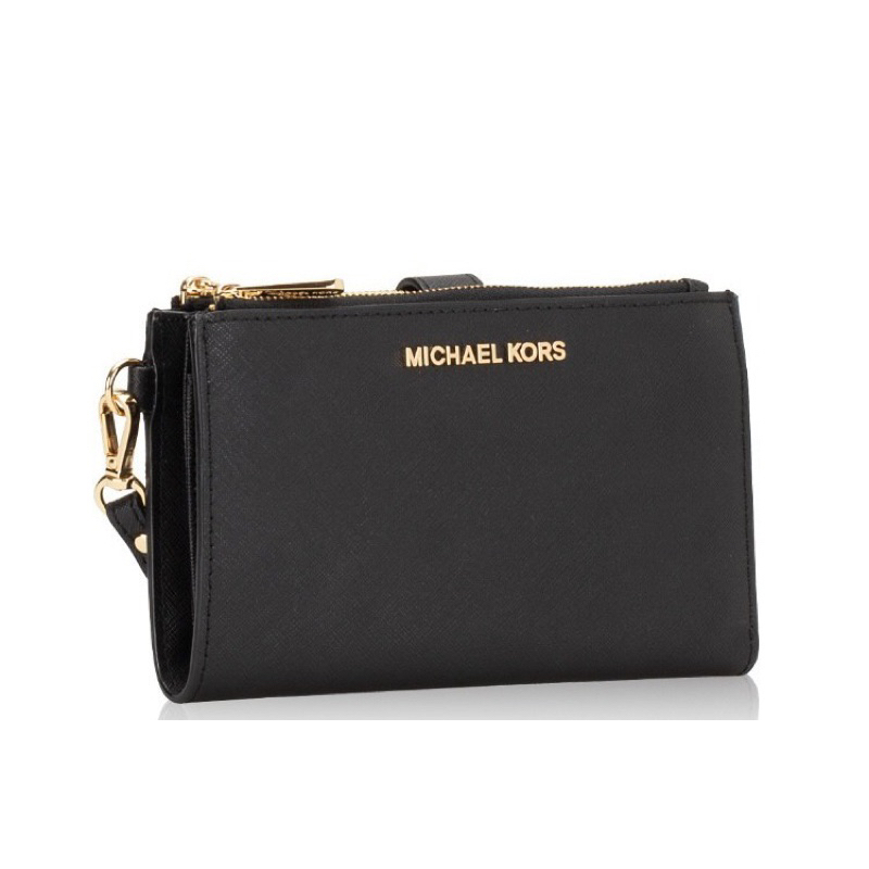 Dompet eklusif original michael kors / Jet Set Travel Double Zip Wrislet Leather Black nwt