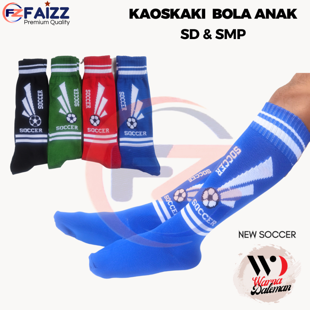 Kaos Kaki Bola Futsal Anak SD SMP Warna Biru Panjang Sebetis Motif Soccer / Kaos Kaki Olahraga Anak 