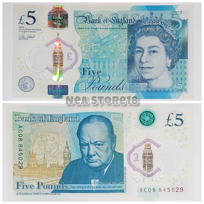Souvenir Hadiah Uang Kuno Poundsterling Inggris 5 Pounds Polymer