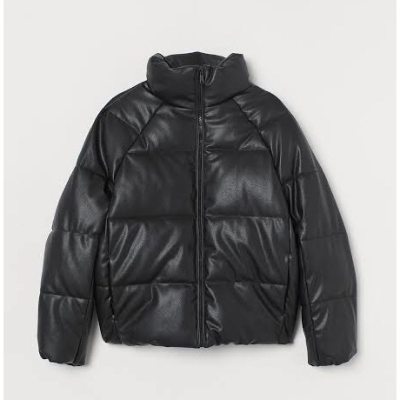 HNM Leather Puffer Jacket Black Winter Coat Puffer Kulit warna hitam