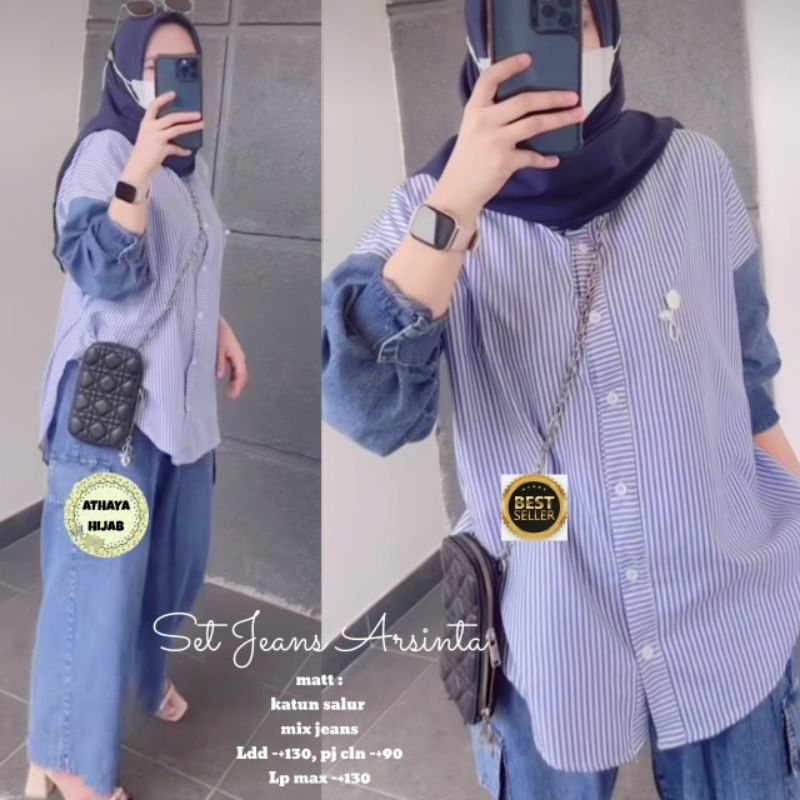 Arsinta One Set Setelan Celana Kuloy Blouse Jeans Mix Katun Salur Garis Ld 130 Jumbo Fit XXXL By Ath