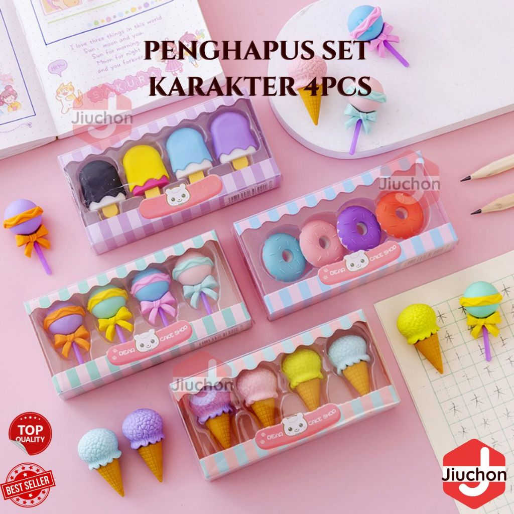 

JIUCHON Penghapus Set Karakter 4pcs / Pengahapus Karet Eraser Bentuk Lolipop Cone Ice Cream Donut Unik Lucu Warna Macaron Pastel