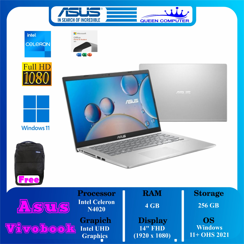 Laptop ASUS A416MAO Intel N4020 RAM 4GB SSD 256GB W11 OHS 2021 Silver