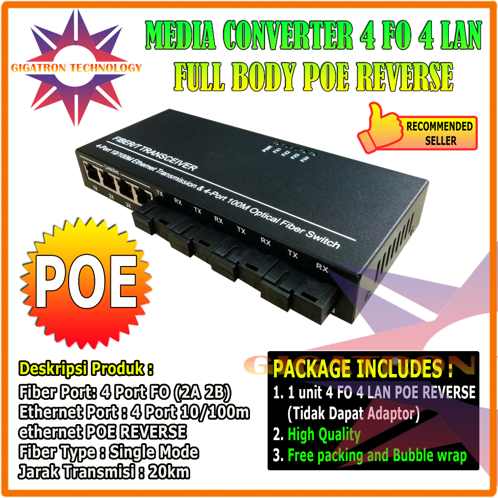 Media Converter 4 FO 4 LAN 4 SC 4 RJ45 POE 10/100 Mbps 12V Full Body Switch Fiber Optic Optik 4 Port