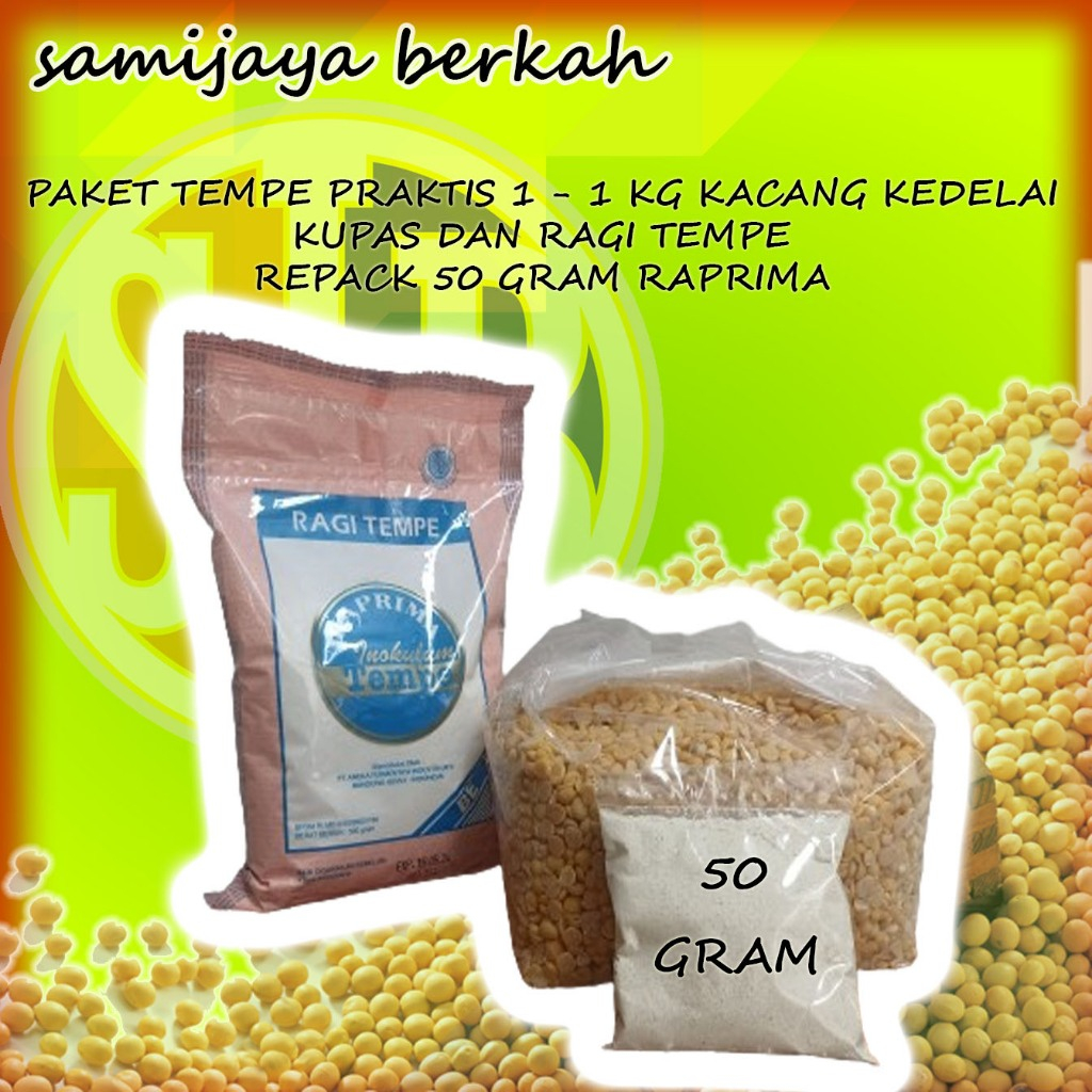 

PAKET TEMPE PRAKTIS 1 - 1 KG KACANG KEDELAI KUPAS DAN RAGI TEMPE REPACK 50 GRAM MERK RAPRIMA