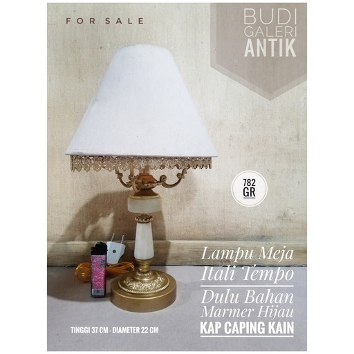 Lampu Meja Itali Tempo Dulu Bahan Marmer Onyx Kap Caping Kain