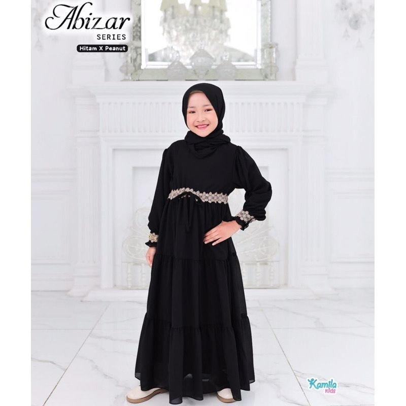 Abizar Dress Anak Tanggung Bahan Ceruty Baby Doll Full Furing Aplikasi Renda Fit 7 - 12 Tahun Gamis 