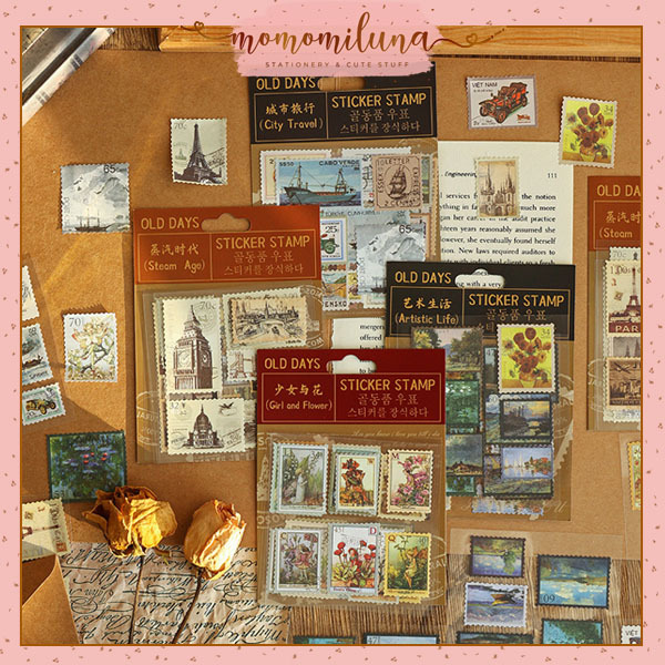 

1 set 4 lembar sticker perangko old days stamp stiker deco jurnal vintage retro aesthetic MK1545