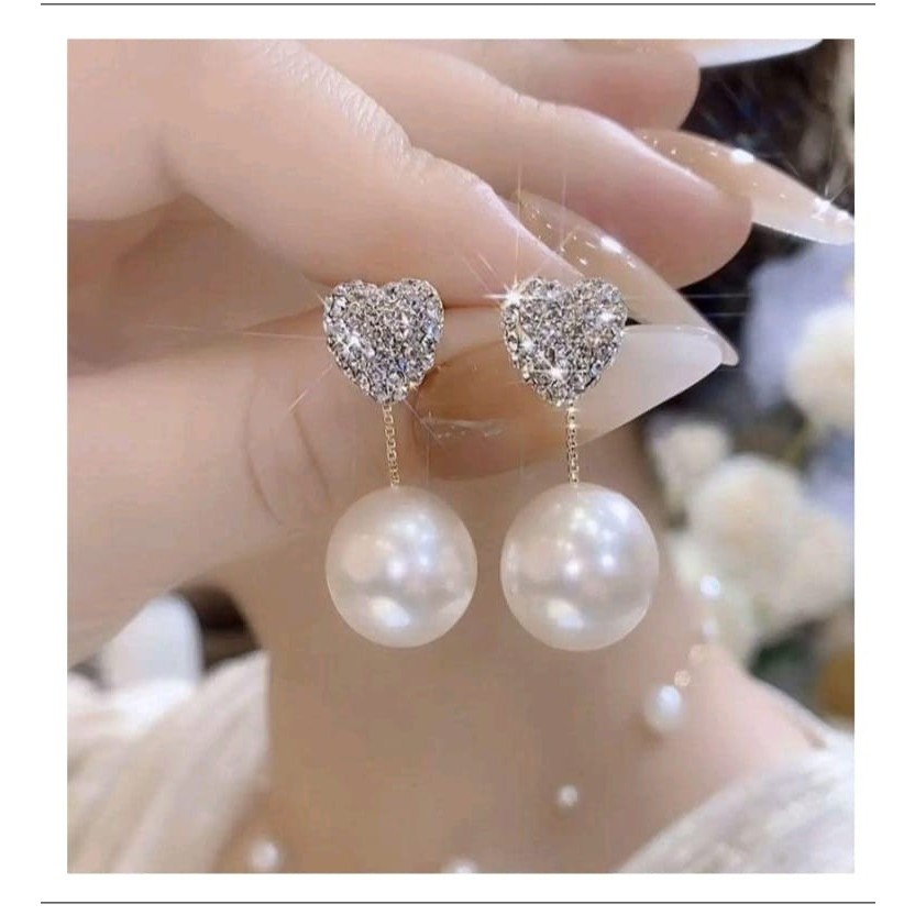 Anting Tusuk Mutiara Hati Panjang Wanita Premium Style Korea, Warna Merah & Putih #58 #59