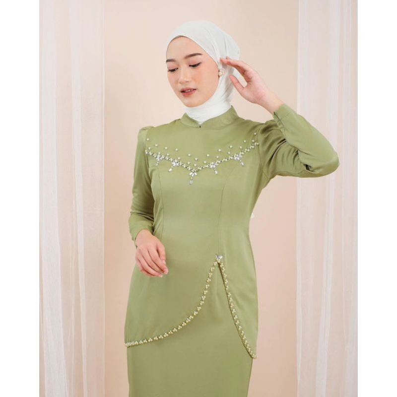 Setelan Baju Sage Olive Wanita Dewasa Terbaru Felicia One set 2in1 Baju Kurung Malaysia Bahan Maxmar