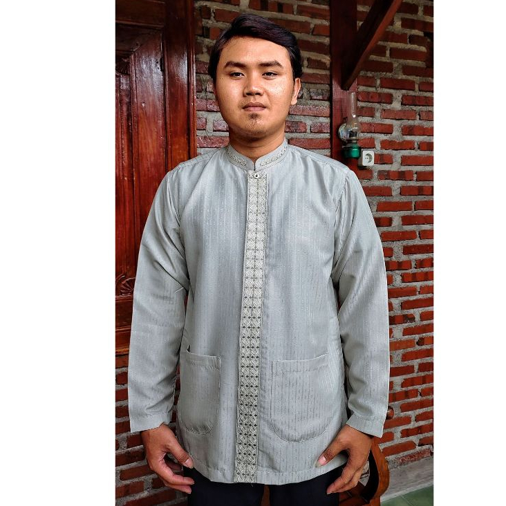 MOERBA (BONUS DUS) Baju Koko Pria Bordir Lengan Panjang Hijau Sage Bahan Dobby M L XL XXL XXXL 3L 4L
