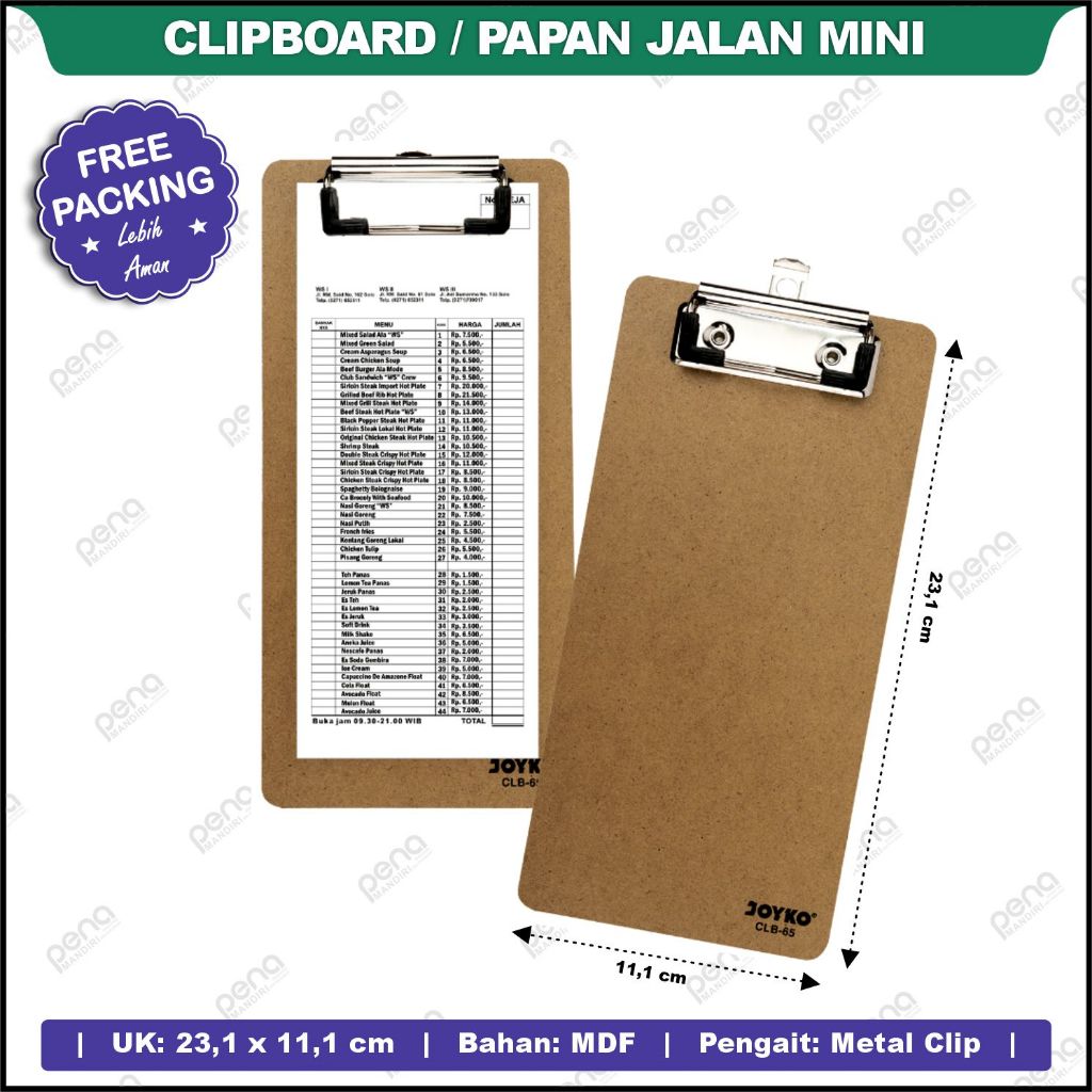 

Clipboard / Papan Jalan / Alas Ujian Joyko CLB-65 Mini Kayu