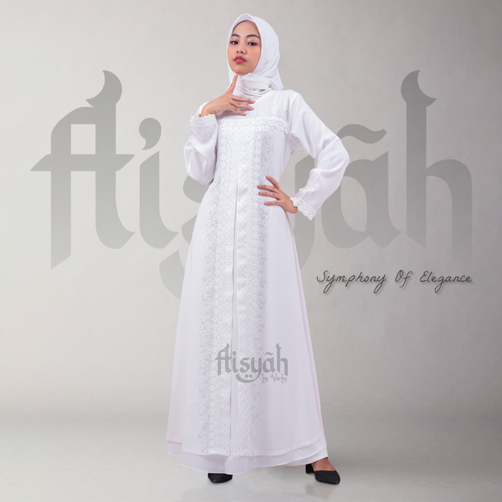 AISYAH 012 • Baju gamis putih wanita kekinian - Abaya putih renda mewah dan elegan terbaru
