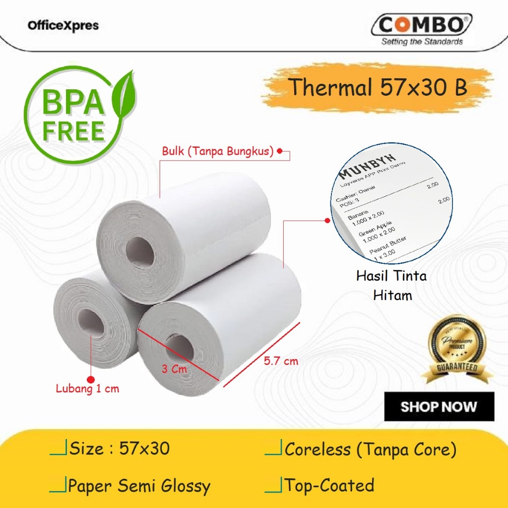 

Kertas Struk Kasir 57 x 30 mm Coreless / Kertas Kasir / Kertas Struk Mesin EDC 58 x 30 57x30 / Kertas Thermal 58x30 Combo