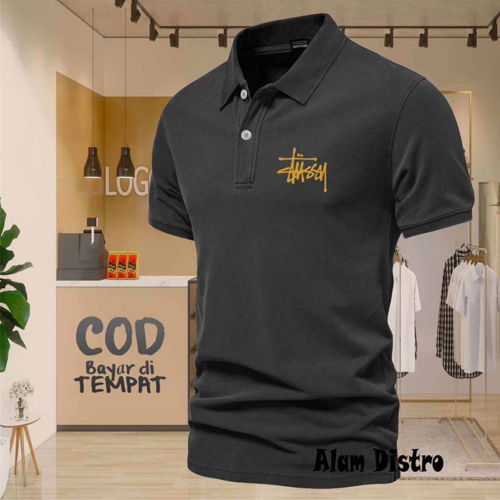 COD T-shrit POLO kerah Stussy Text Gold Kaos Kerah Dewasa Shirt / Kaos Wangki Pria Polo / Kaos Serag