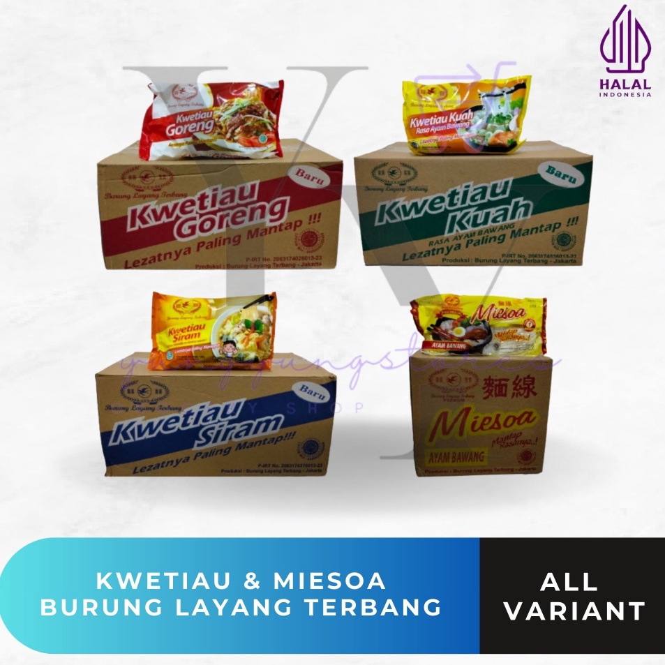 

Super Promo 1 Dus Isi 20 Bungkus Kwetiau Kuah / Goreng / Siram / Miesoa Kuah Cap Burung Layang Terbang Kirim Langsung