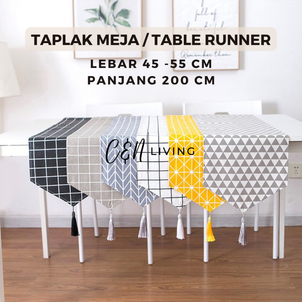 TAPLAK MEJA RUANG TAMU 200CM PERSEGI PANJANG MINIMALIS TABLE RUNNER RUMBAI MOTIF KOTAK AESTHETIC KEK