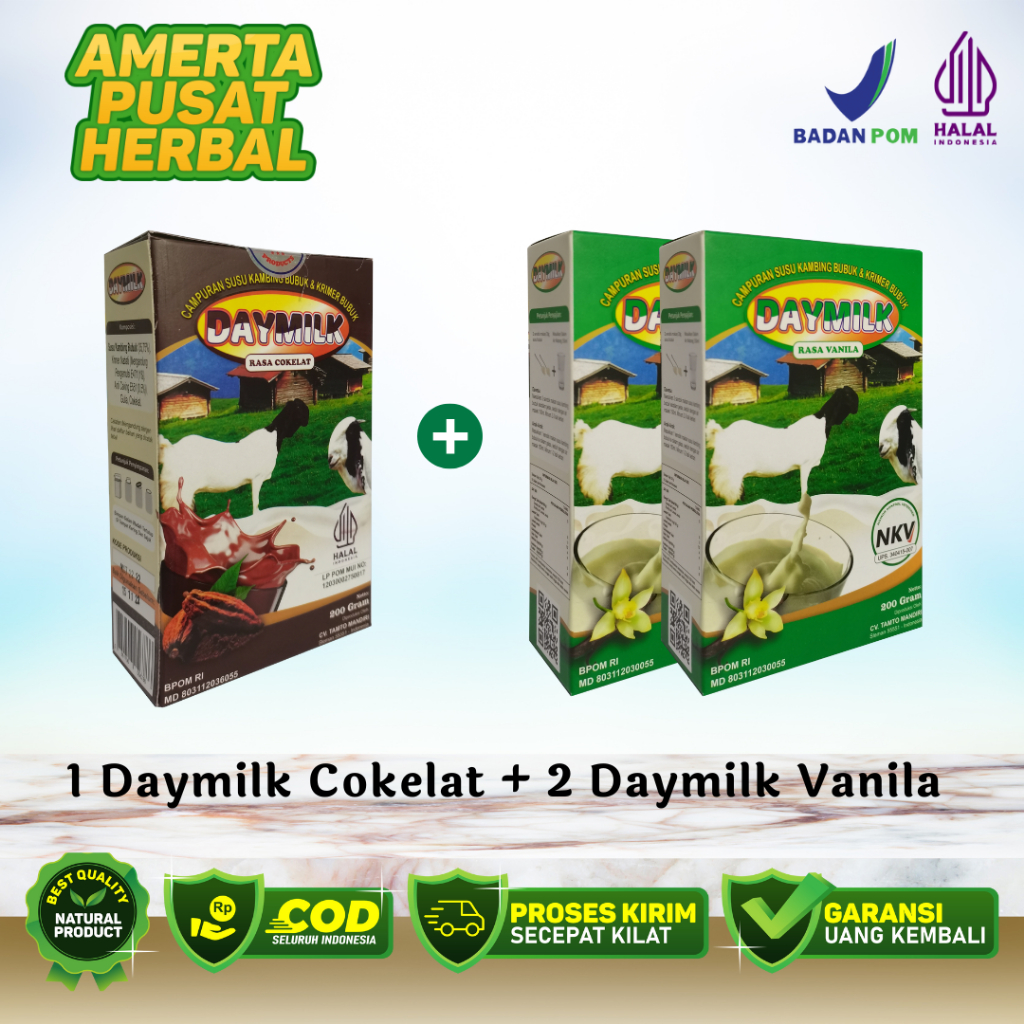 

Paket 3 Box Susu Daymilk - 1 Daymilk Rasa Cokelat + 2 Daymilk Rasa Vanila - Susu Kambing Etawa Bubuk Premium - 200gr Halal BPOM