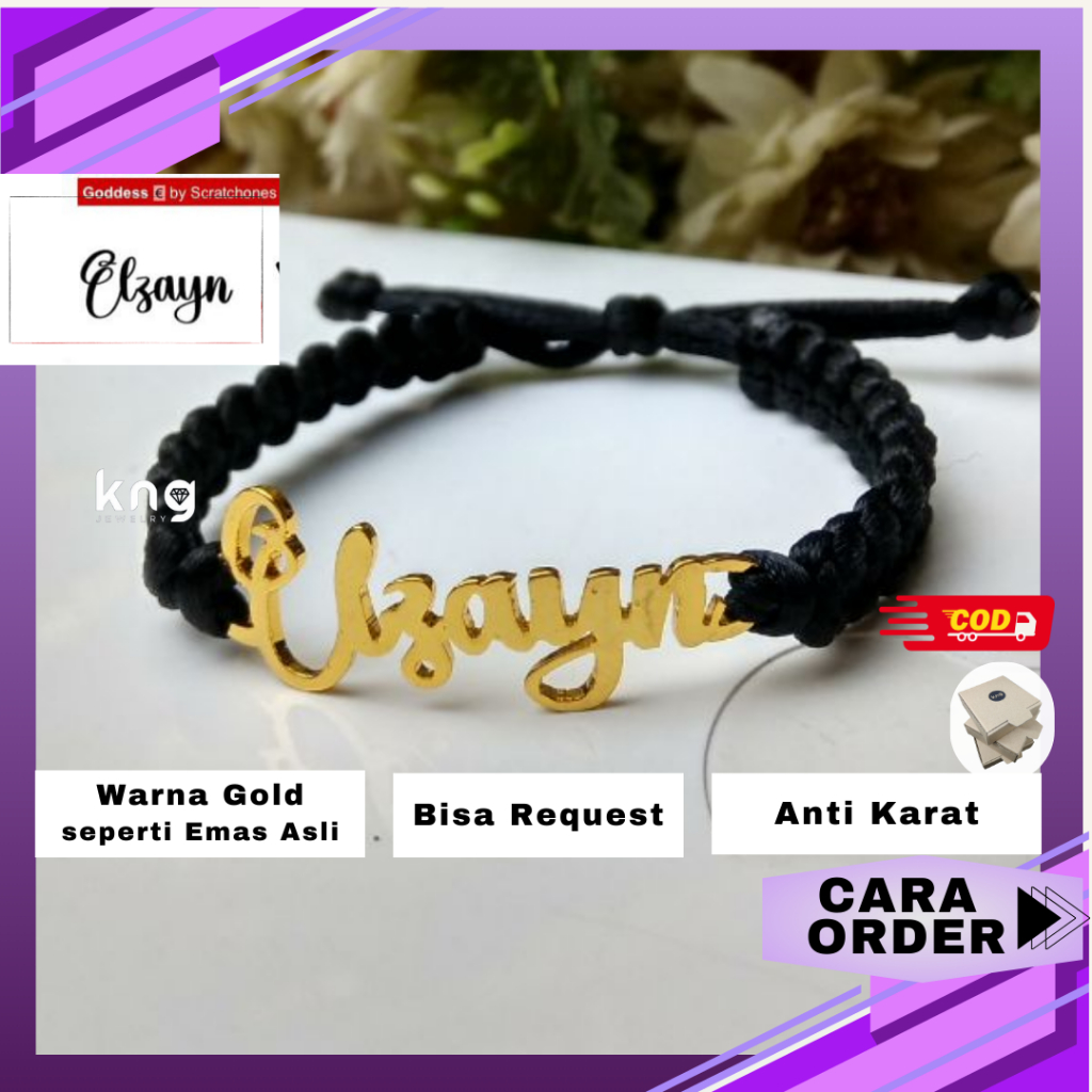 KNG Jewelry - Gelang Tali Kepang Custom Nama GOLD / SILVER TALI HITAM KEPANG FASHION PRIA WANITA | E