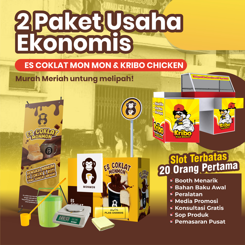 

Paket Usaha Es Coklat Mon mon & Ayam Goreng Kribo Chicken