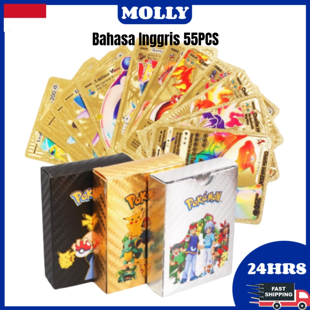 Murah nampol 【COD】55PCS Mainan Kartu Pokemon Original Pokemon Cards Kartu Dinosaurus Black Gold Silv