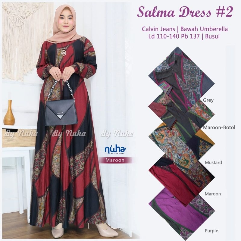 SALMA DRESS 2 BY NUHA GAMIS BUSUI UMBRELLA CALVIN JEANS PREMIUM JUMBO LD 110 130 MOTIF BATIK PRINTIN