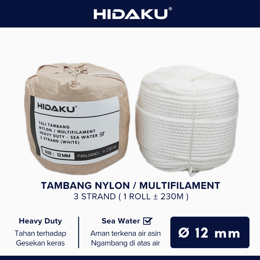 HIDAKU tali tambang nylon 12mm ECERAN / tambang nilon 12mm / Meter