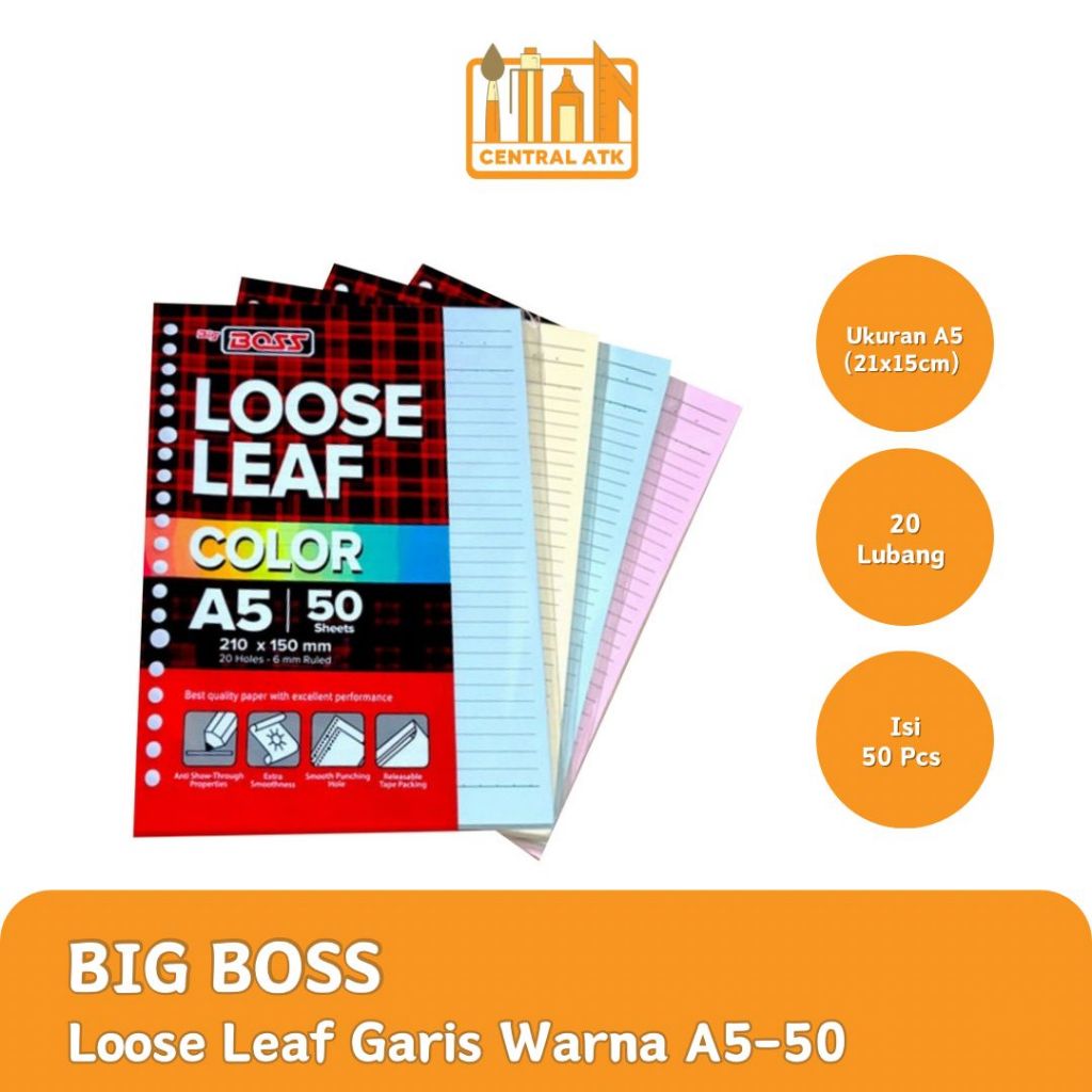 

LOOSE LEAF COLOR / KERTAS BINDER UKURAN A5 50 LEMBAR BIG BOSS WARNA