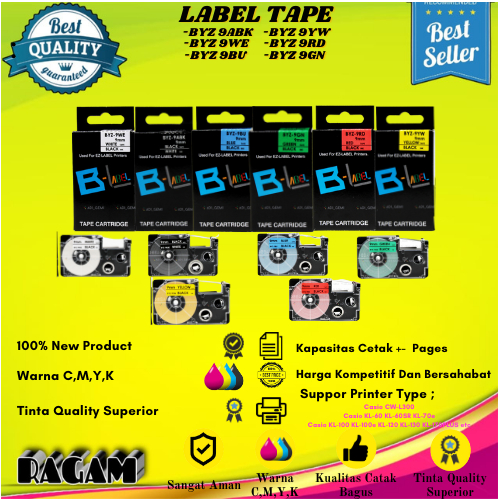 

Compatible Label Tape Casio BYZ 9ABK, BYZ 9WE, BYZ 9BU, BYZ 9YW,BYZ 9RD,BYZ 9GN