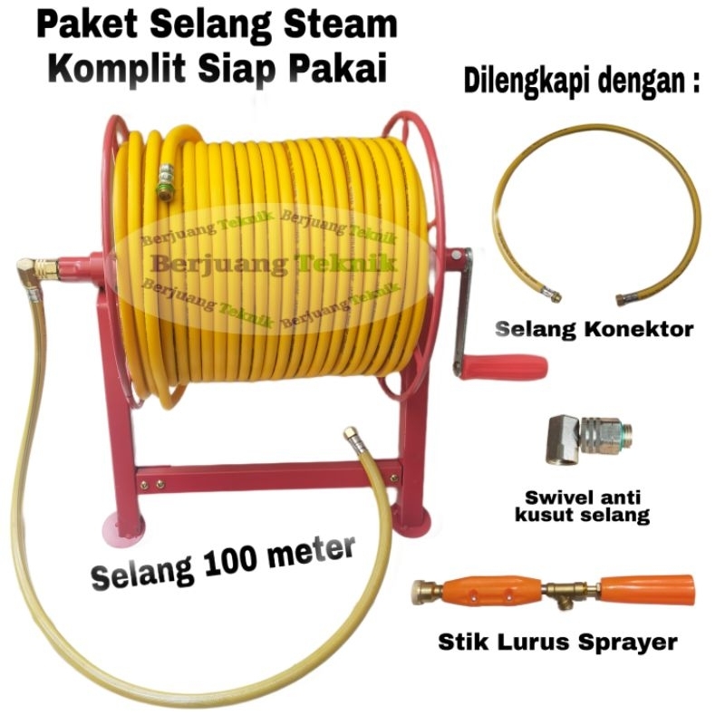 Selang Steam, Selang Air 100 Meter Komplit Gulungan Selang dan stik lurus sprayer